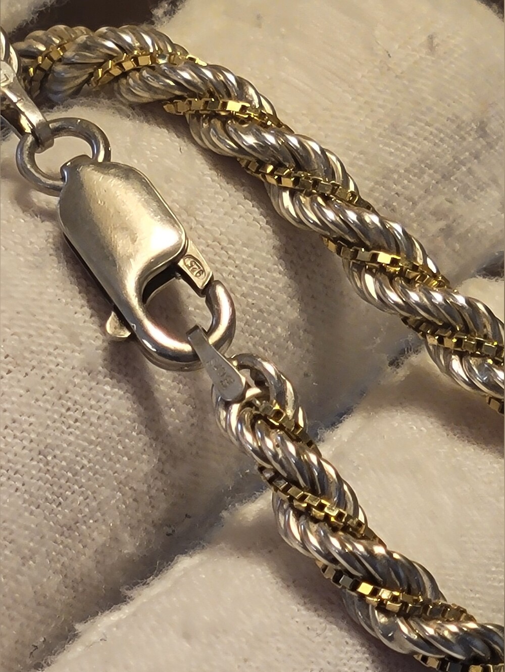 Vintage Italian EurS Two-Tone Sterling Silver Rope Bracelet 7" 4.2mm Polished